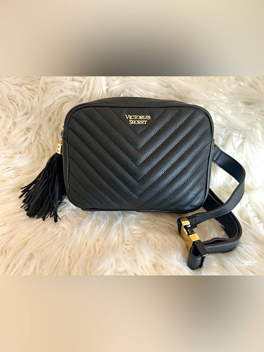 Victoria's Secret • Black Quilted Crossbody Bag with Tassel